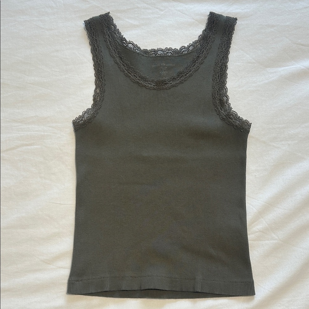 Lace Trim Ribbed Tank Top - Green